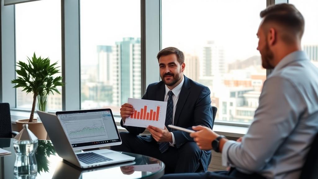 Buyer's agent presenting commercial property acquisition analysis to investor client in Miami