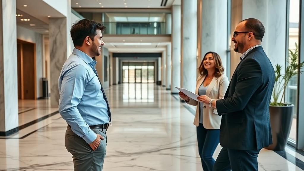 Real estate agent showing commercial building to potential buyers — selling commercial property in Miami